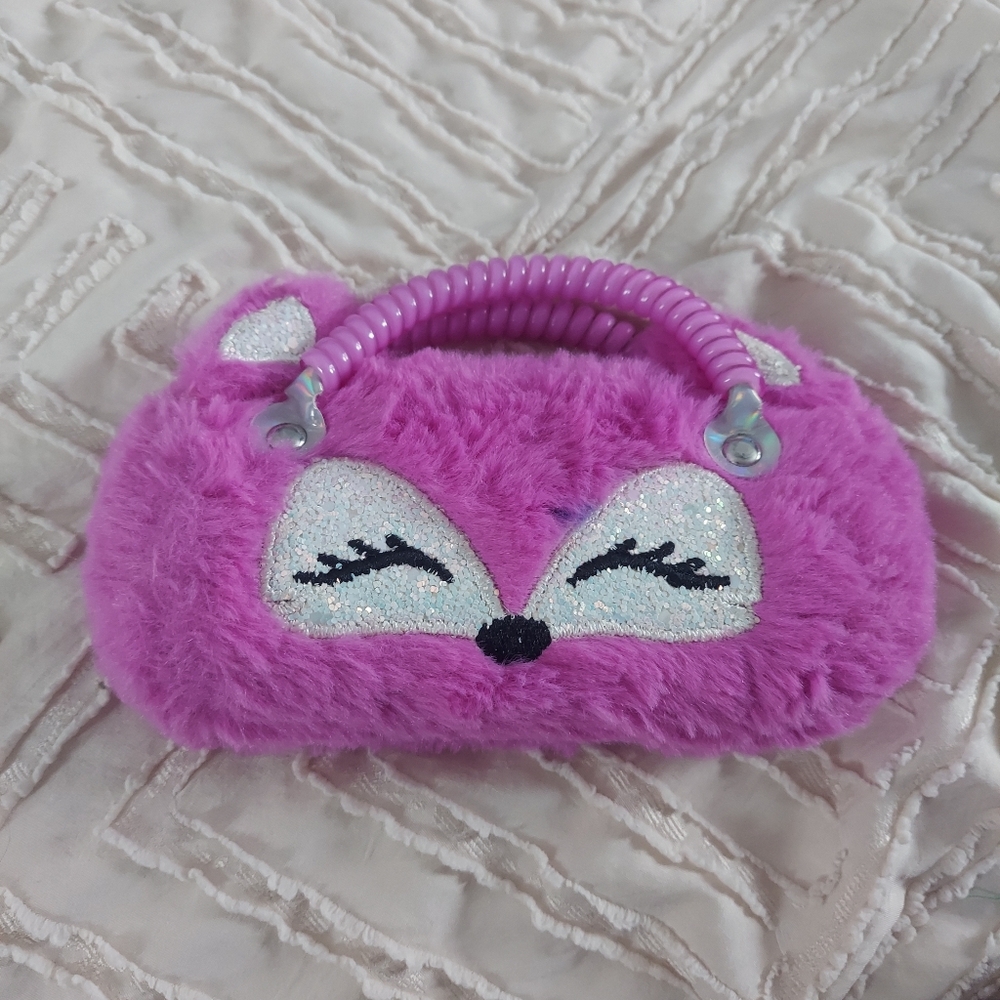 Girls Purple Cute Faux Fur Fox Eyeglass Case with Coil Handle